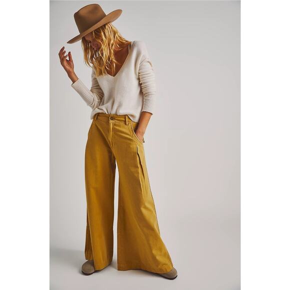 Free People Out Of Touch Extreme Wide-Leg Trousers Womens 2 Tan Bohemian Comfort - Picture 1 of 8